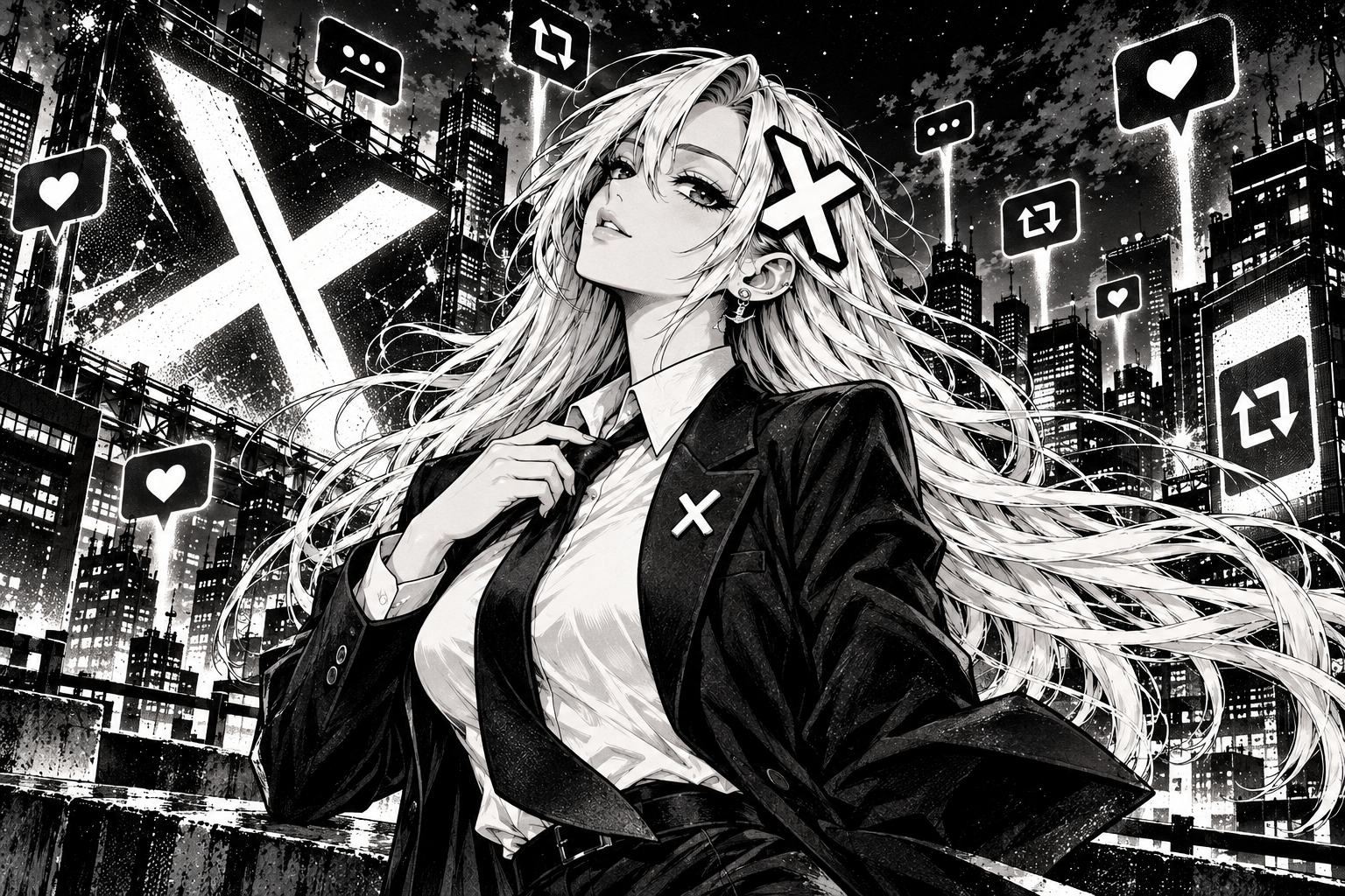 XChan on a night rooftop with city lights and X marks